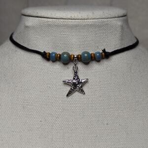 Blue Ceramic Beaded Silver Swirl Starfish Charm Boho Hippie Choker Necklace